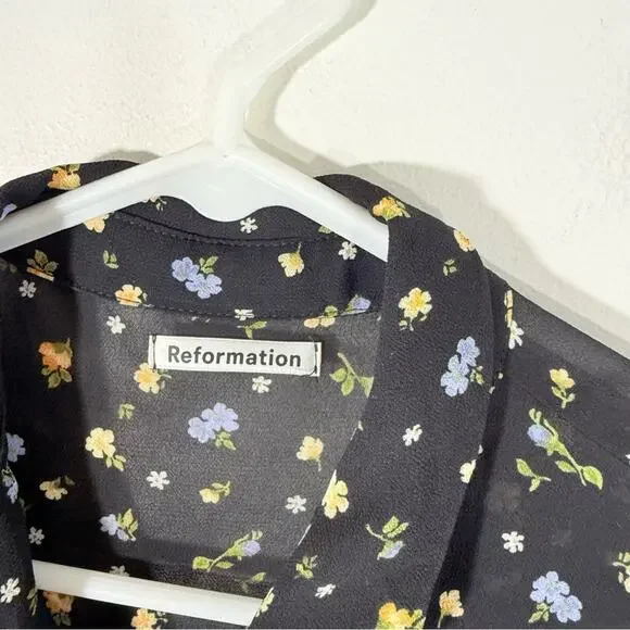 Reformation Violet Black Floral Semi Sheer Long Sleeve Button Up Blouse Small - Picture 7 of 15